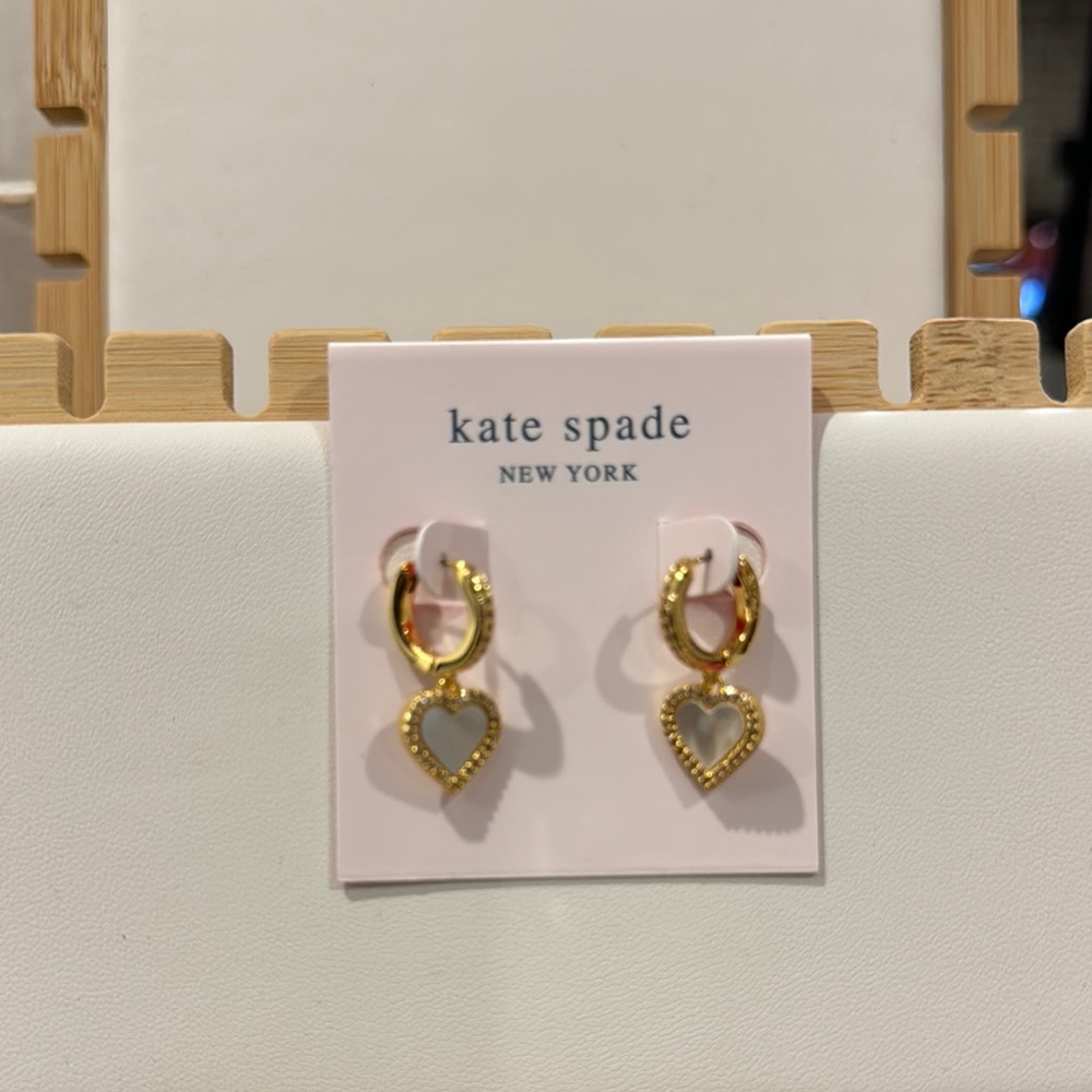 Kate Spade NEW Gold Mother Pearl Pave Heart Earrings. - Picture 2 of 3